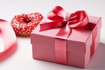 Wall Mural - Illustration of a red gift box with a bow and a donut created with Generative AI technology