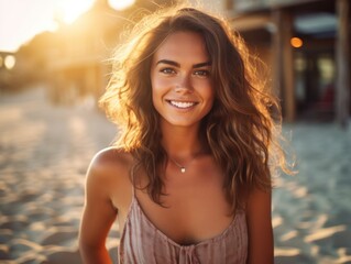 Wall Mural - Happy Beautiful young woman is smiilng on the beach. 