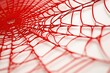 Close-up of a red spider web made of white threads on a white background.