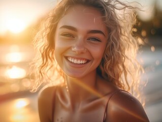 Wall Mural - Happy woman walking on beach. Beautiful fit body girl on travel vacation 