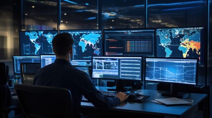 Wall Mural - network operations center ( noc) with technicians monitoring network traffic, troubleshooting issues