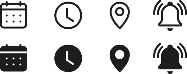 address location icon. notification bell icon. stopwatch timer icon. date calendar icon - web icons 