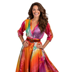 woman dressed in bohemian maxi dress in a mix of colors including orange, yellow, and green, a wide belt isolated on a transparent white background 