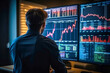 © MVProductions - A male financial analyst examining stock ticker displays, analyzing recession indicators and bear market trends in economic decline, or bull market and economic upturn
