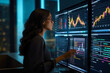 © MVProductions - A female financial analyst examining stock ticker displays, analyzing recession indicators and bear market trends in economic decline, or bull market and economic upturn