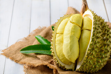 Wall Mural - Durian fruit. Ripe monthong durian on sack and white wood background,