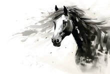 Horse Illustration With Chinese Brush Stroke Calligraphy In Black And Grey Drawing Inking