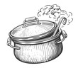 Kitchen pot with lid and ladle. Cooking food. Sketch illustration vintage engraving style