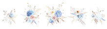Boho Beige And Dusty Blue Trendy Vector Design Bouquets. Pastel Pampas Grass, Carnation, Lavender, Peony