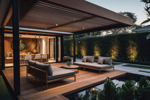 A Lavish Side Outside Garden At Morning, With A Teak Hardwood Deck And A Black Pergola. Scene In The Evening With Couches And Lounge Chairs By The Pool, Generative AI	
