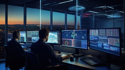 Wall Mural - Network operations center ( NOC) with technicians monitoring network traffic, troubleshooting issues, and ensuring network performance