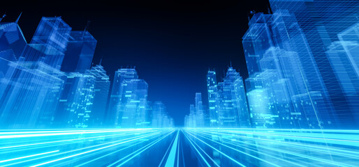 Wall Mural - abstract speed light flow through the city with gradient, blue coloured