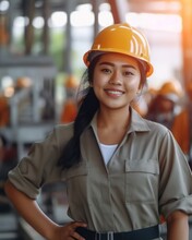 Beatiful Confidence Asian Woman Builder Worker In Uniform And Safety Helmet Smilling. Labour Day. 