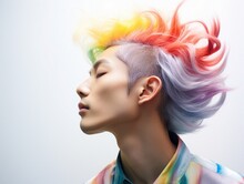Young Asian Man With Rainbow Hairstyle. People Lifestyle Fashion Lgbtq Concept. AI Generative