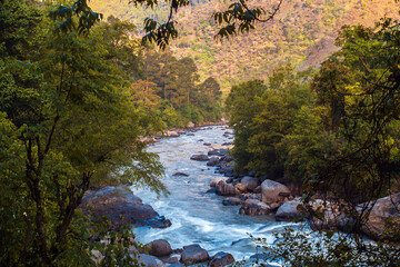 Mountain river in the forest. Tons River tributary of the Yamuna. It flows through the Garhwal region, Hanol, in Uttarakhand, India.