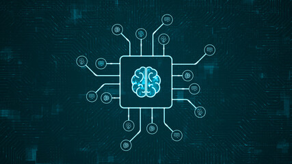 Wall Mural - blue digital brain logo and futuristic hud technology circuit board with ai icon and data transfer o