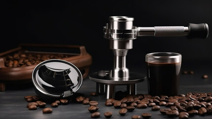 Wall Mural - Top view of Espresso coffee cup and equipment of barista coffee. Generative Ai