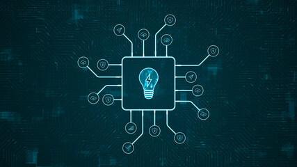 Wall Mural - blue digital lamp logo and futuristic hud technology circuit board with tech icon and data transfer 