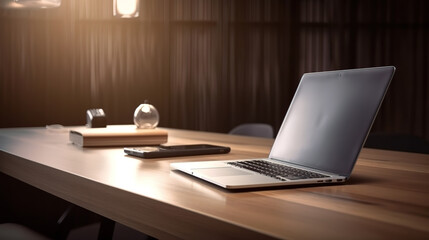 Wall Mural - Desk with computer, disinfectant gel and maskTop view of desktop with computer. Generative Ai