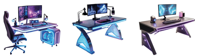 Wall Mural - Gaming PC in a gaming desk. The pictures shows a complete futiristic neon style computer for a gamer, with a fast response monitor, RGB lights, keyboard isolated on transparent background