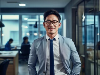 Confident handsome and successful asian man smiling and looking determined. Generative AI