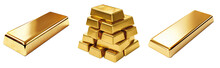 Set Of Gold Bars , Piles Of Gold Lingots Isolated On Transparent Background
