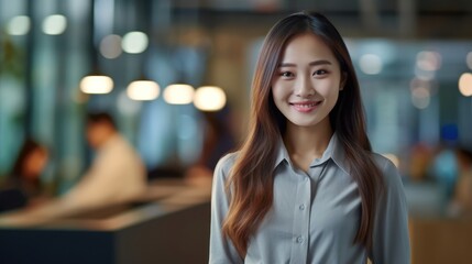 Wall Mural - Portrait of happy asian woman smiling standing in modern office space. 