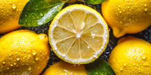 Overhead Shot Of Lemons With Visible Water Drops. Close Up