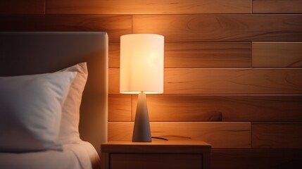 Close up shot of a night lamp next to a hotel bed, against wooden wall, clean minimalist, bright warm light.