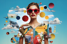 Stylish Young Woman Wearing Sunglasses Retro Style. Fashion Poster. Sustainable Fashion, Collage Art With Glass Morphism Effect. 