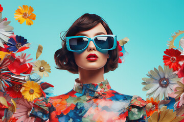 Wall Mural - Stylish young woman wearing sunglasses retro style. Fashion poster. Sustainable fashion, collage art with glass morphism effect. 
