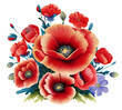 A bunch of scarlet poppies flowers with green leaves on a transparent background Generative AI