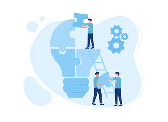 Wall Mural - Three people work together to put together a puzzle concept flat illustration