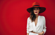 Attractive Woman Dressed In White With A Hat Posing In Front Of A Red Wall. Generative AI