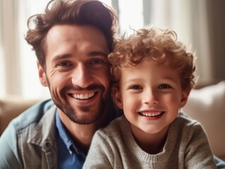 Wall Mural - Happy Father Day. Father and son smiling happily. Generative AI