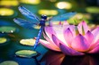A mesmerizing close-up of a delicate dragonfly perched on a water lily, its iridescent wings shimmering in the sunlight.
