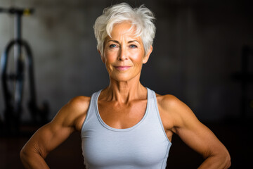 Wall Mural - Portrait of a fit senior woman citizen, displaying strength and an active lifestyle, important to keep in shape even at age