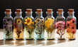 Aromatherapy, small glass bottles with sprigs of flowers on an abstract background.