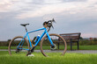 Professional gravel bicycle with different accessories standing on a green lawn in the park. Sport and leisure.