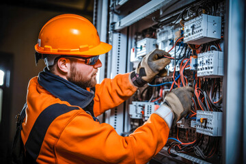 Wall Mural - Male commercial electrician at work on a fuse box, adorned in safety gear, demonstrating professionalism