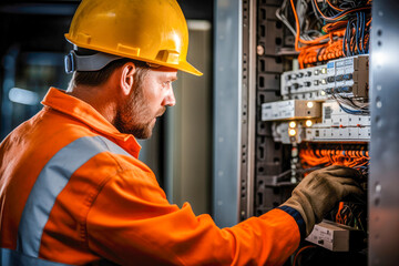 Male commercial electrician at work on a fuse box, adorned in safety gear, demonstrating professionalism