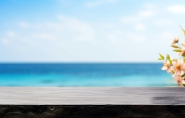 Poster - Empty wooden black table over blurred tropical beach and flower background, product display montage