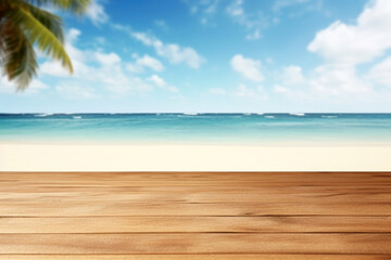 Poster - Wooden deck floor on blur beach background - can be used for display or montage your products