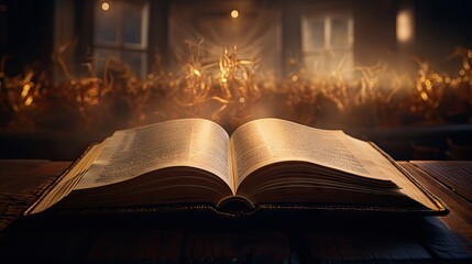 Wall Mural - Open Christian book ,open bible with glowing lights, Generative AI