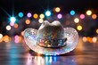 A cowboy hat with lights in the background. Digital image.
