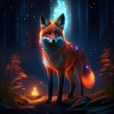 Fototapeta Dziecięca - Fantasy illustration of a red fox with a bonfire in the forest. Generative AI