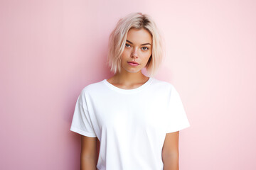 Wall Mural - Cute young woman blonde hair with bob haircut isolated on flat pink background with copy space. Cute girl in white simple t-shirt. 
