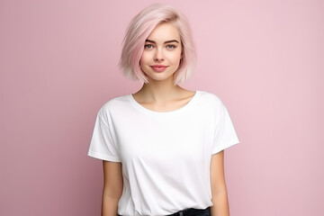 cute young woman blonde hair with bob haircut isolated on flat pink background with copy space. cute