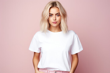 Wall Mural - Cute young woman blonde hair with bob haircut isolated on flat pink background with copy space. Cute girl in white simple t-shirt. 