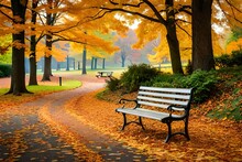 An Enchanting Autumn Park Bench Surrounded By A Kaleidoscope Of Colorful Leaves